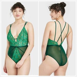 Auden Green Deep Plunge Lace Mesh Bodysuit sz XL